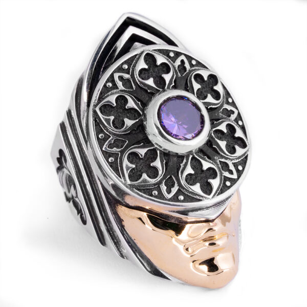 The Ring of the High Priestess — sterling silver and 10K solid gold ring with a natural amethyst at the center of a rose window, by Ether Eleven.