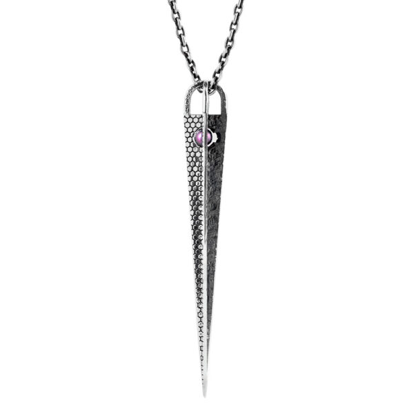 The Large Pendulum Pendant in sterling silver, a tapered spike set with an amethyst cabochon, on a sterling silver chain by Ether Eleven.